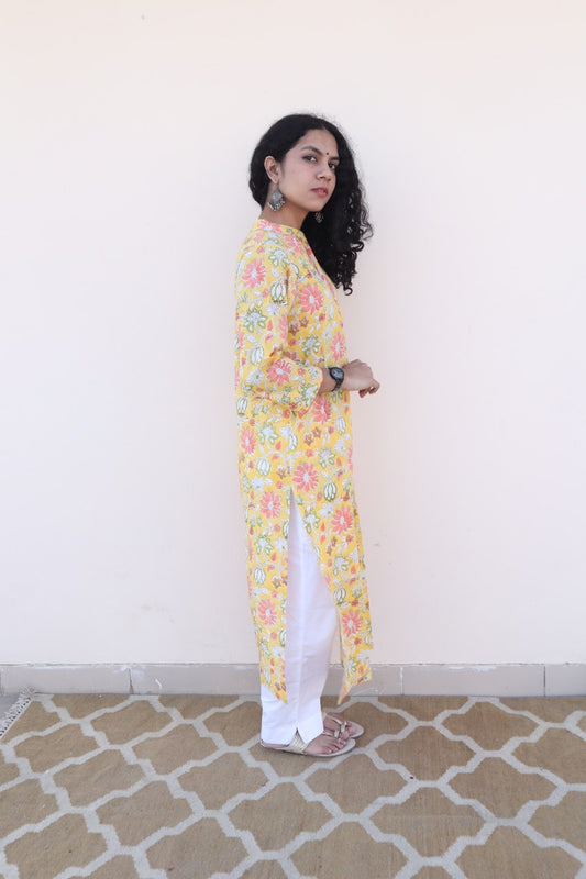 Yellow Printed Block Printed Long Kurta