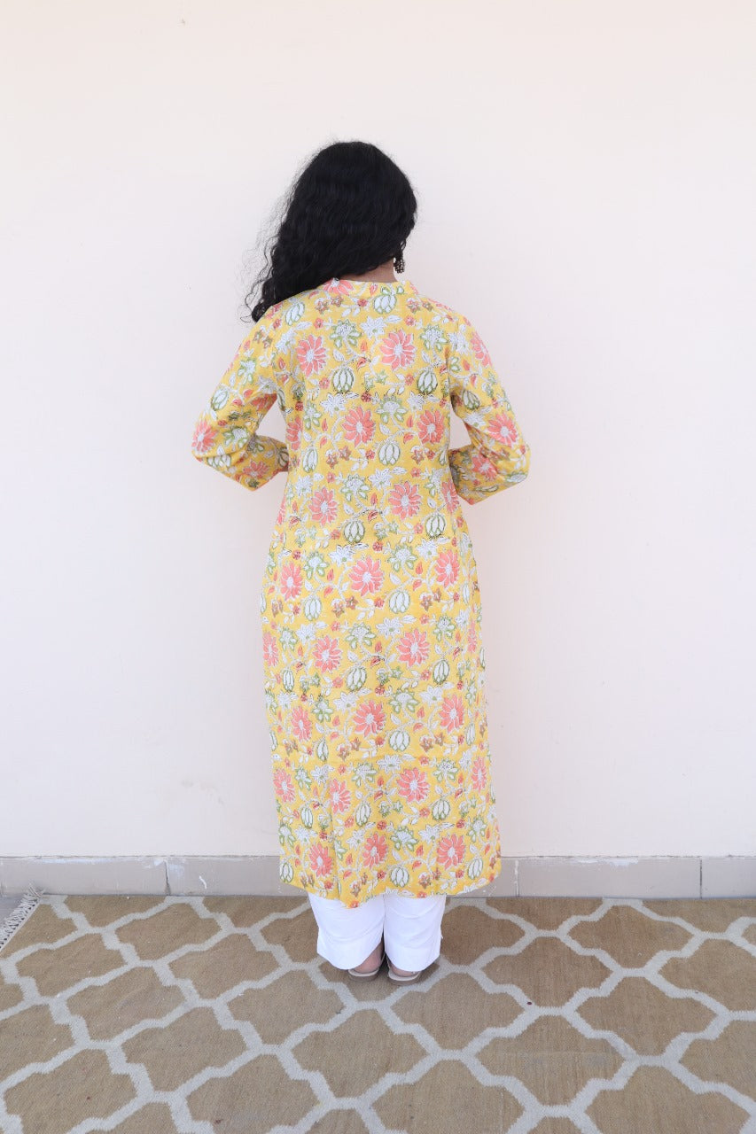Yellow Printed Block Printed Long Kurta
