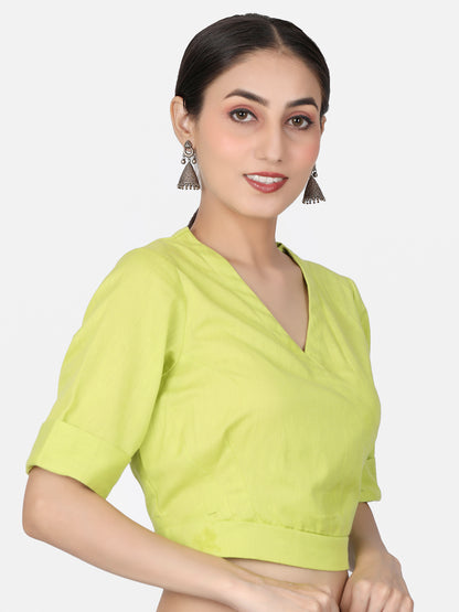Lime Green solid Cotton Ready To Wear Saree Blouse