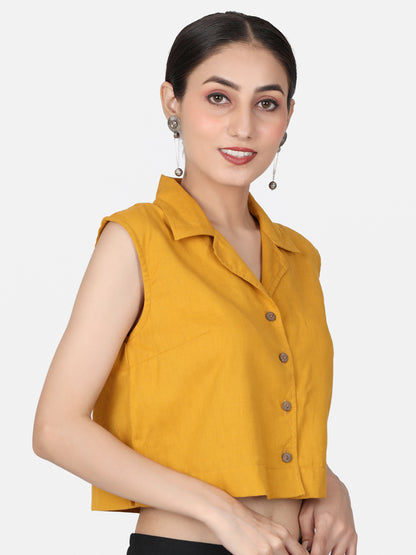 Mustard Solid Cotton Ready To Wear Saree Blouse