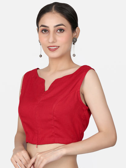 Red Solid Cotton Ready To Wear Saree Blouse