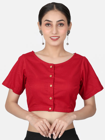 Red Solid Cotton Ready To Wear Saree Blouse
