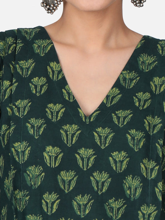 Green Long Hand Block Printed Kurta