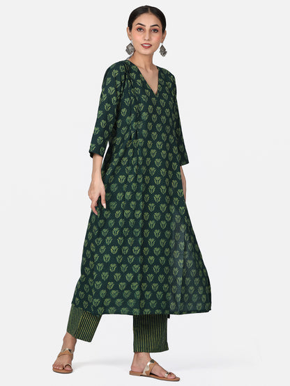 Green Long Hand Block Printed Kurta