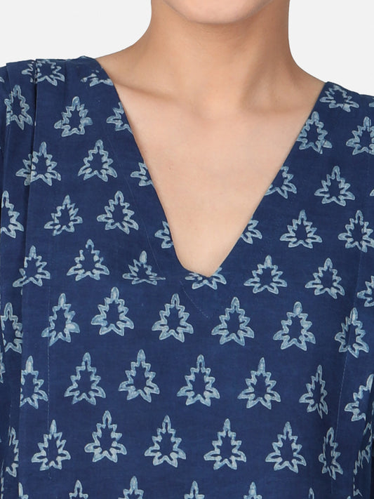 Indigo Long A-Line Cotton Handblock Kurta
