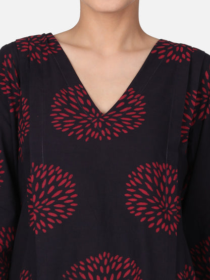 Burgundy Colour Block Printed Kurta