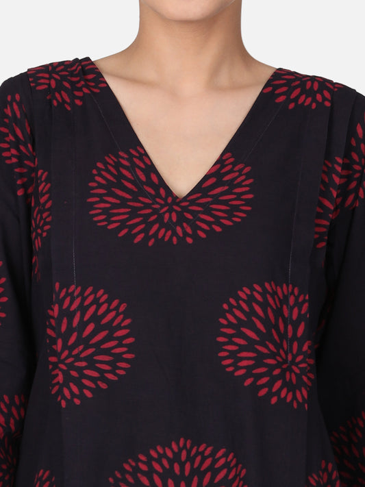 Burgundy Colour Block Printed Kurta