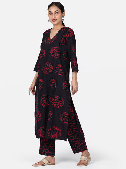 Burgundy Colour Block Printed Kurta