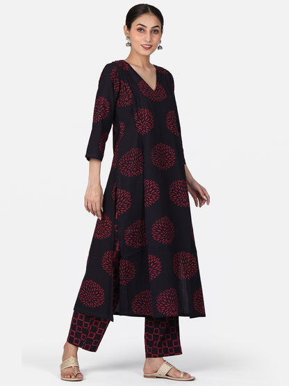 Burgundy Colour Block Printed Kurta