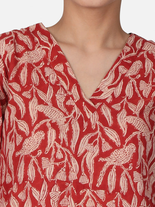 Red Bird Block Printed Kurta