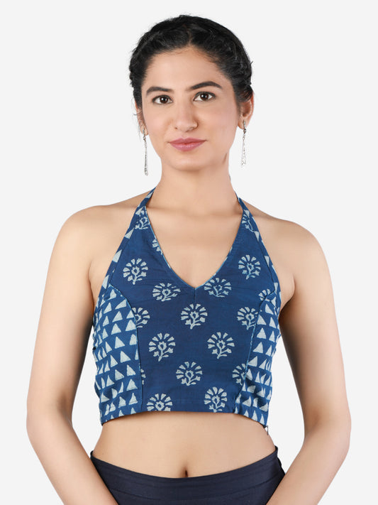 Women Blue Printed Pure Cotton Saree Blouse
