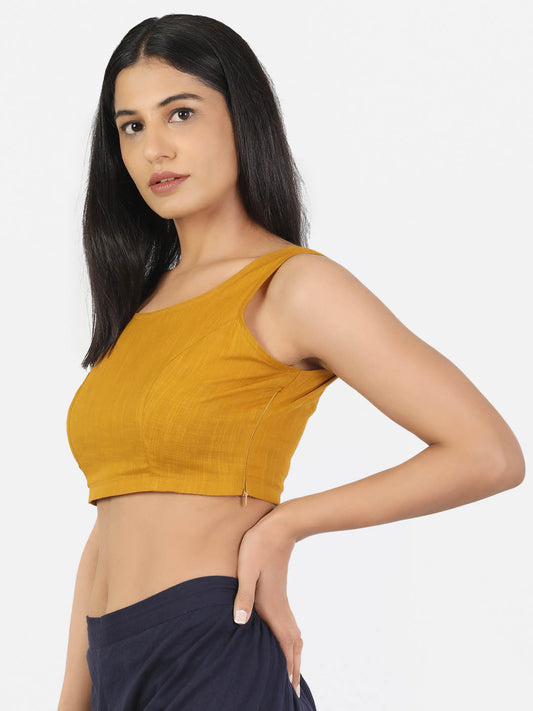 Women Mustard Non Padded Round Neck Sleeveless Blouse