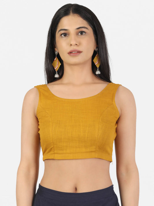 Women Mustard Non Padded Round Neck Sleeveless Blouse