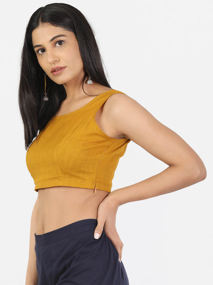 Women Mustard Non Padded Round Neck Sleeveless Blouse