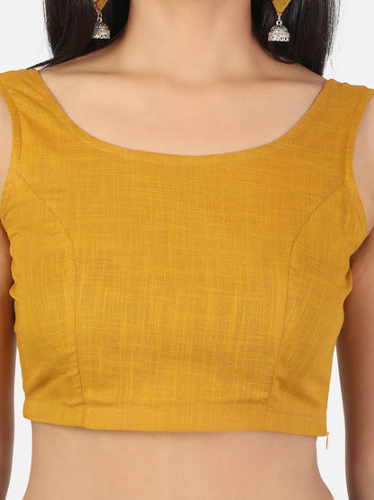 Women Mustard Non Padded Round Neck Sleeveless Blouse