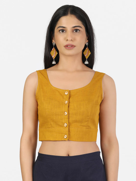 Women Mustard Non Padded front Button Round Neck Sleeveless Saree Blouse