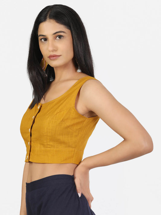 Women Mustard Non Padded front Button Round Neck Sleeveless Saree Blouse