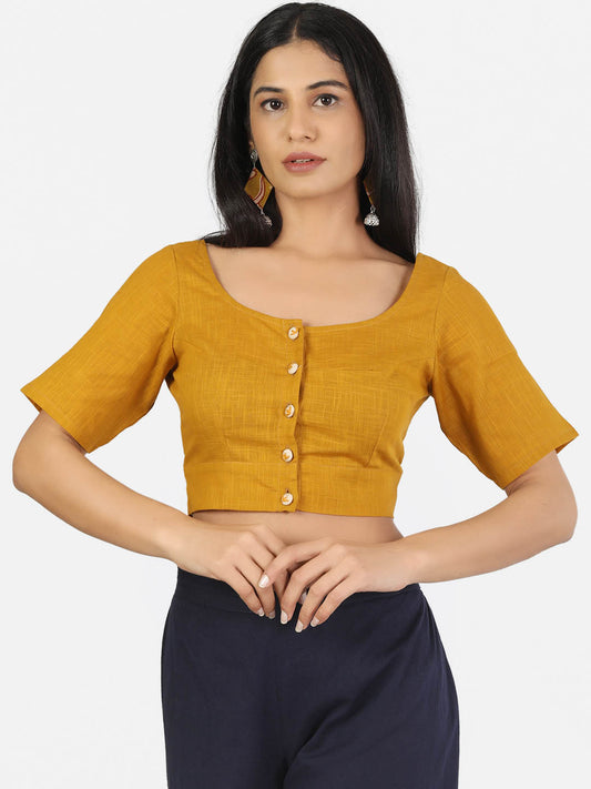 Women Solid Mustard half Sleeve Round Neck Front Button Non Padded Saree Blouse