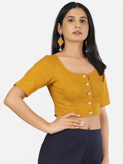 Women Solid Mustard half Sleeve Round Neck Front Button Non Padded Saree Blouse