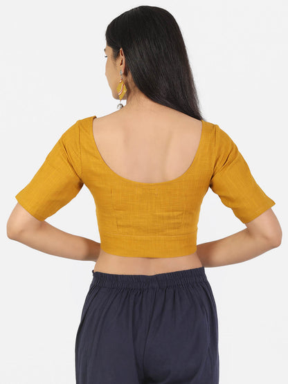Women Solid Mustard half Sleeve Round Neck Front Button Non Padded Saree Blouse