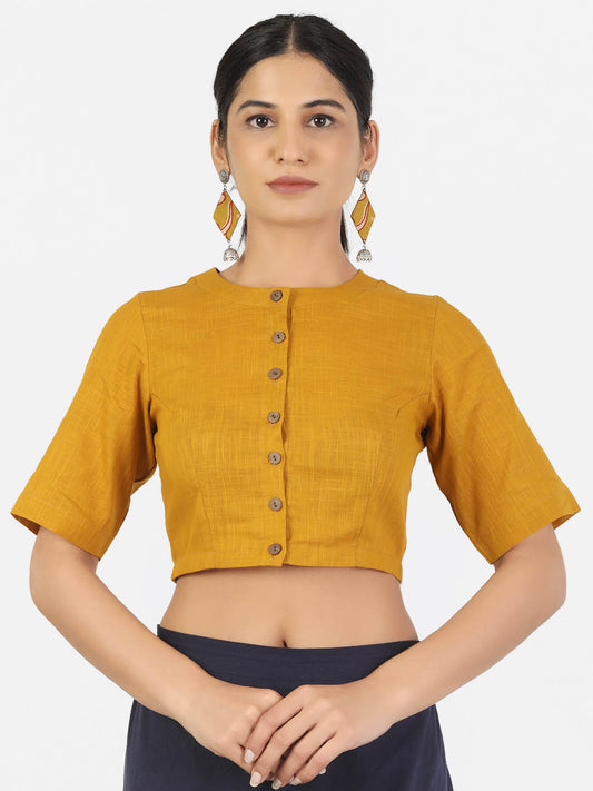 Women Mustard Non Padded front Button Mandrin collar Saree Blouse