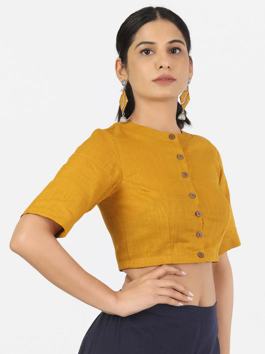 Women Mustard Non Padded front Button Mandrin collar Saree Blouse
