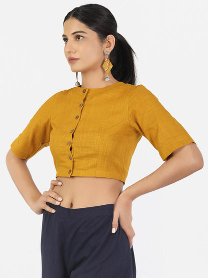 Women Mustard Non Padded front Button Mandrin collar Saree Blouse