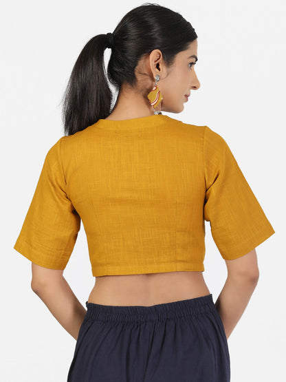 Women Mustard Non Padded front Button Mandrin collar Saree Blouse