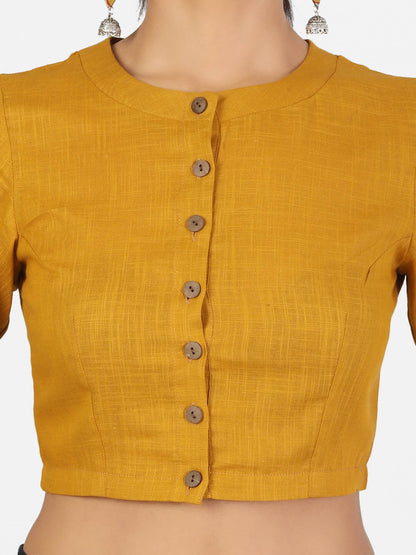 Women Mustard Non Padded front Button Mandrin collar Saree Blouse