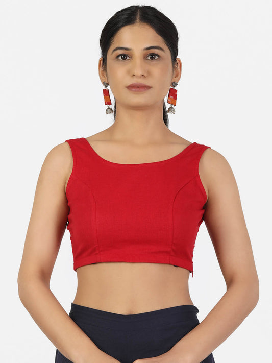 Women Red Non Padded Round Neck Sleeveless Blouse