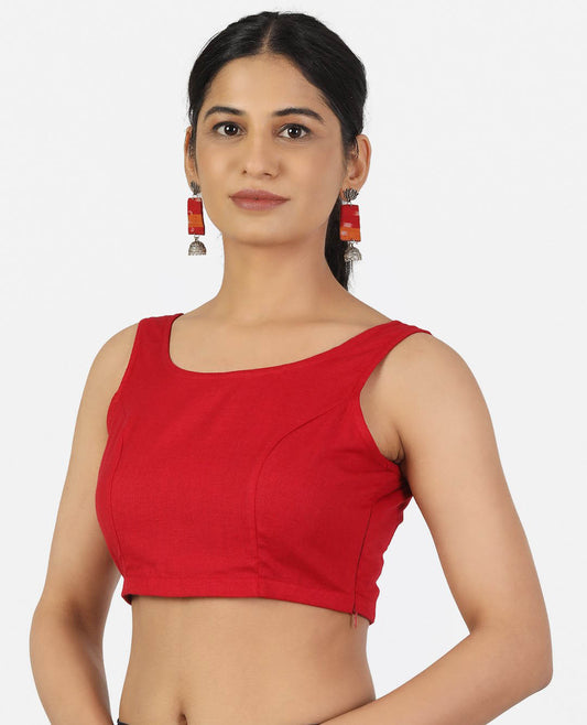 Women Red Non Padded Round Neck Sleeveless Blouse
