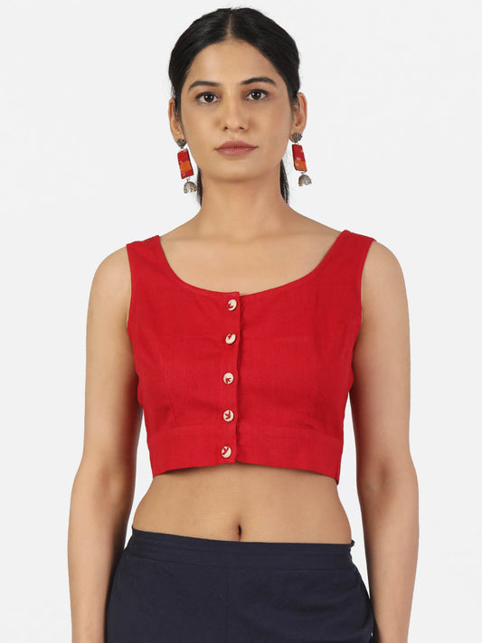 Women Red Non Padded front Button Round Neck Sleeveless Saree Blouse