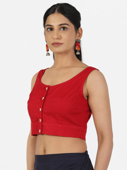 Women Red Non Padded front Button Round Neck Sleeveless Saree Blouse