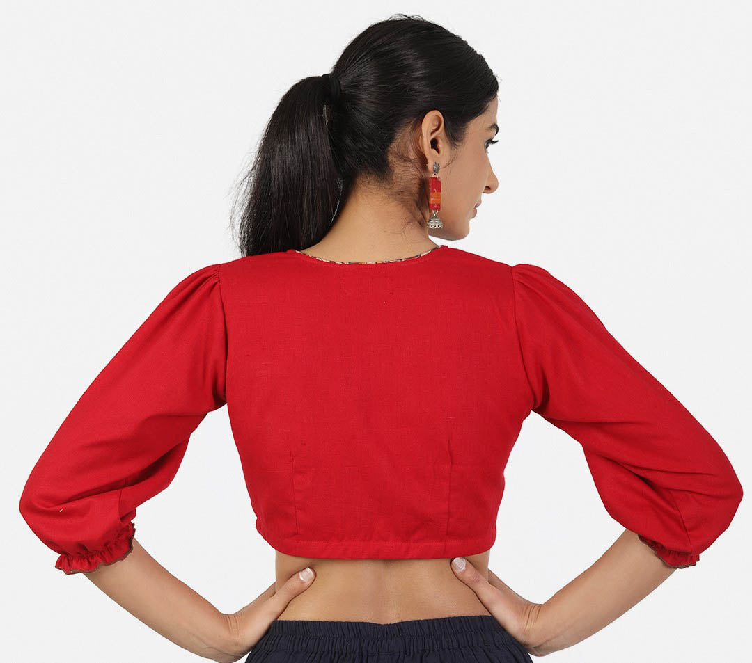 Women Solid Red 3/4 Sleeve Saree Blouse
