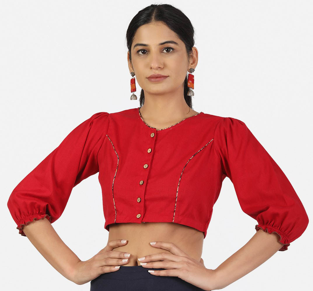 Women Solid Red 3/4 Sleeve Saree Blouse
