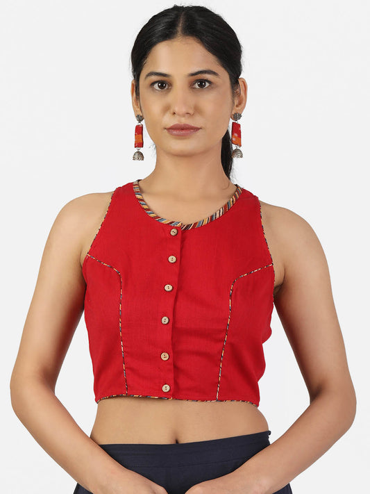 Women Red Non Padded Front Button Sleeveless Blouse