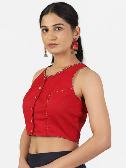 Women Red Non Padded Front Button Sleeveless Blouse