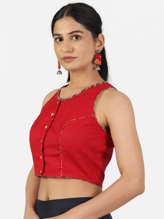 Women Red Non Padded Front Button Sleeveless Blouse