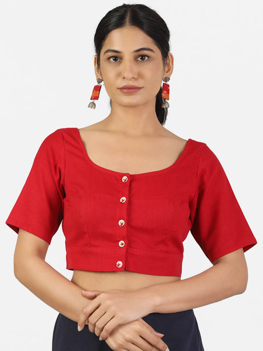 Women Red Non Padded front Button Mandrin collar Saree Blouse