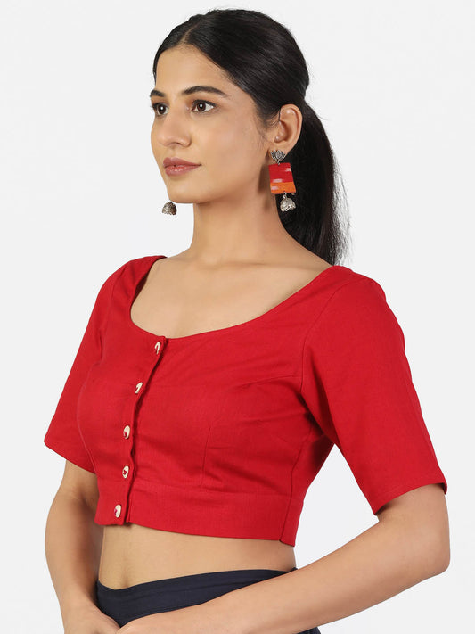 Women Red Non Padded front Button Mandrin collar Saree Blouse