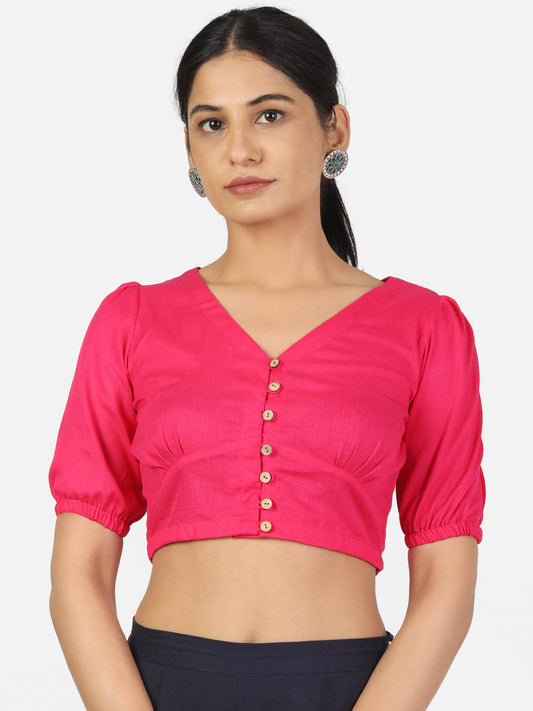 Women Solid Magenta half Sleeve V Neck Front Button Non Padded Saree Blouse