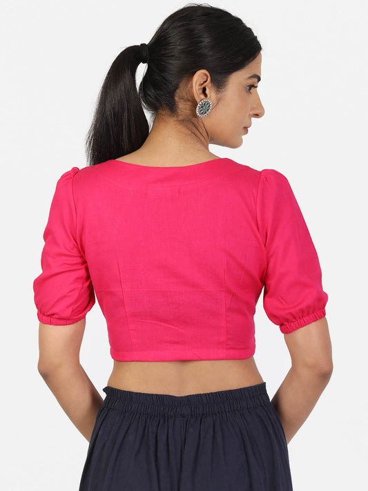 Women Solid Magenta half Sleeve V Neck Front Button Non Padded Saree Blouse