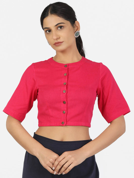 Women Magenta Non Padded front Button Mandrin collar Saree Blouse