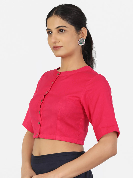 Women Magenta Non Padded front Button Mandrin collar Saree Blouse
