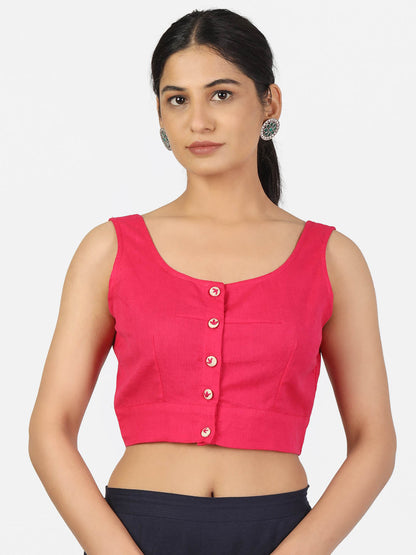 Women Magenta Non Padded front Button Round Neck Sleeveless Saree Blouse