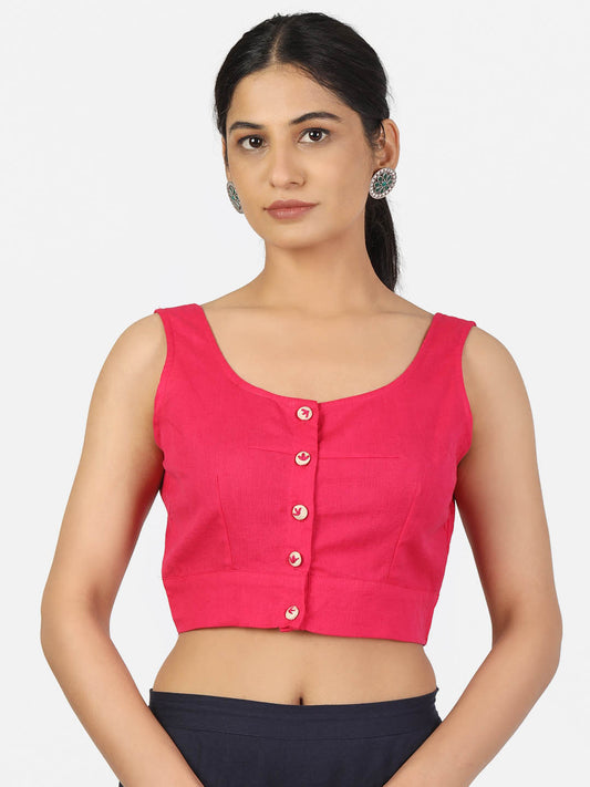 Women Magenta Non Padded front Button Round Neck Sleeveless Saree Blouse