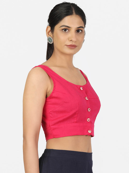 Women Magenta Non Padded front Button Round Neck Sleeveless Saree Blouse