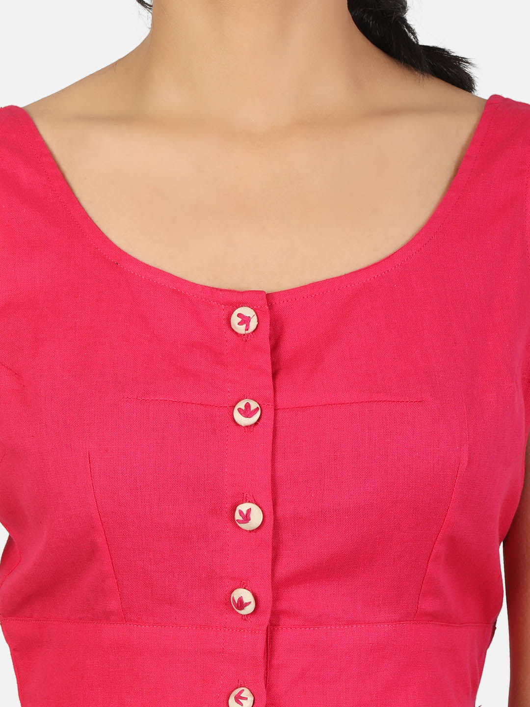 Women Magenta Non Padded front Button Round Neck Sleeveless Saree Blouse