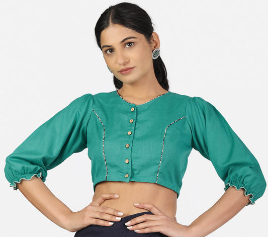 Women Solid Turquoise 3/4 Sleeve Saree Blouse