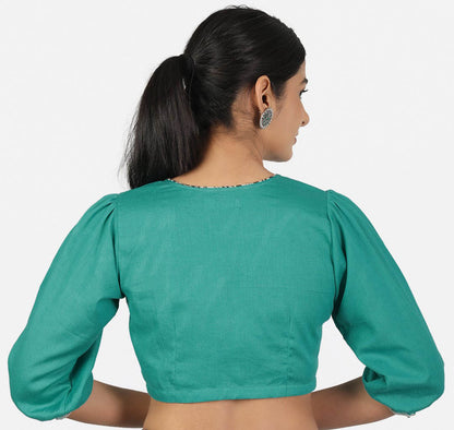 Women Solid Turquoise 3/4 Sleeve Saree Blouse
